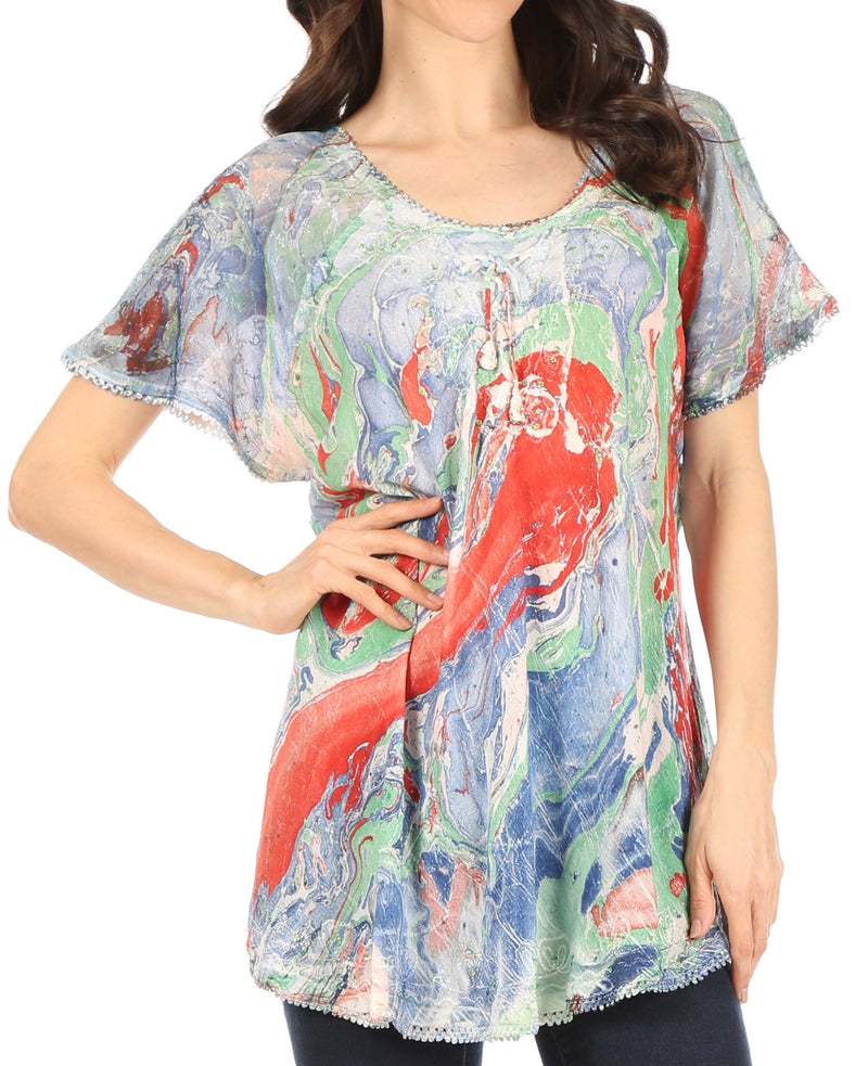 Sakkas Marzia Women's Loose Fit Short Sleeve Casual Tie Dye Batik Blouse Top Tunic