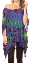 Sakkas Geno Round Neck Casual Boho Short Sleeve Loose Blouse Top Cover-up w/Fringe#color_Blue