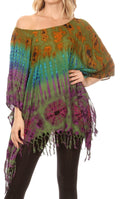 Sakkas Geno Round Neck Casual Boho Short Sleeve Loose Blouse Top Cover-up w/Fringe#color_Green