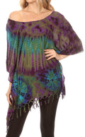 Sakkas Geno Round Neck Casual Boho Short Sleeve Loose Blouse Top Cover-up w/Fringe#color_Olive
