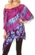 Sakkas Geno Round Neck Casual Boho Short Sleeve Loose Blouse Top Cover-up w/Fringe#color_Turquoise