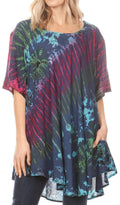 Sakkas Yara Women's Casual Loose Oversize Short Sleeve Scoop Neck Blouse Top Tunic#color_Teal/Pink