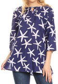 Sakkas Nila Women's Casual Summer Light 3/4 Sleeve Printed Tunic Top Cover-up #color_Blue
