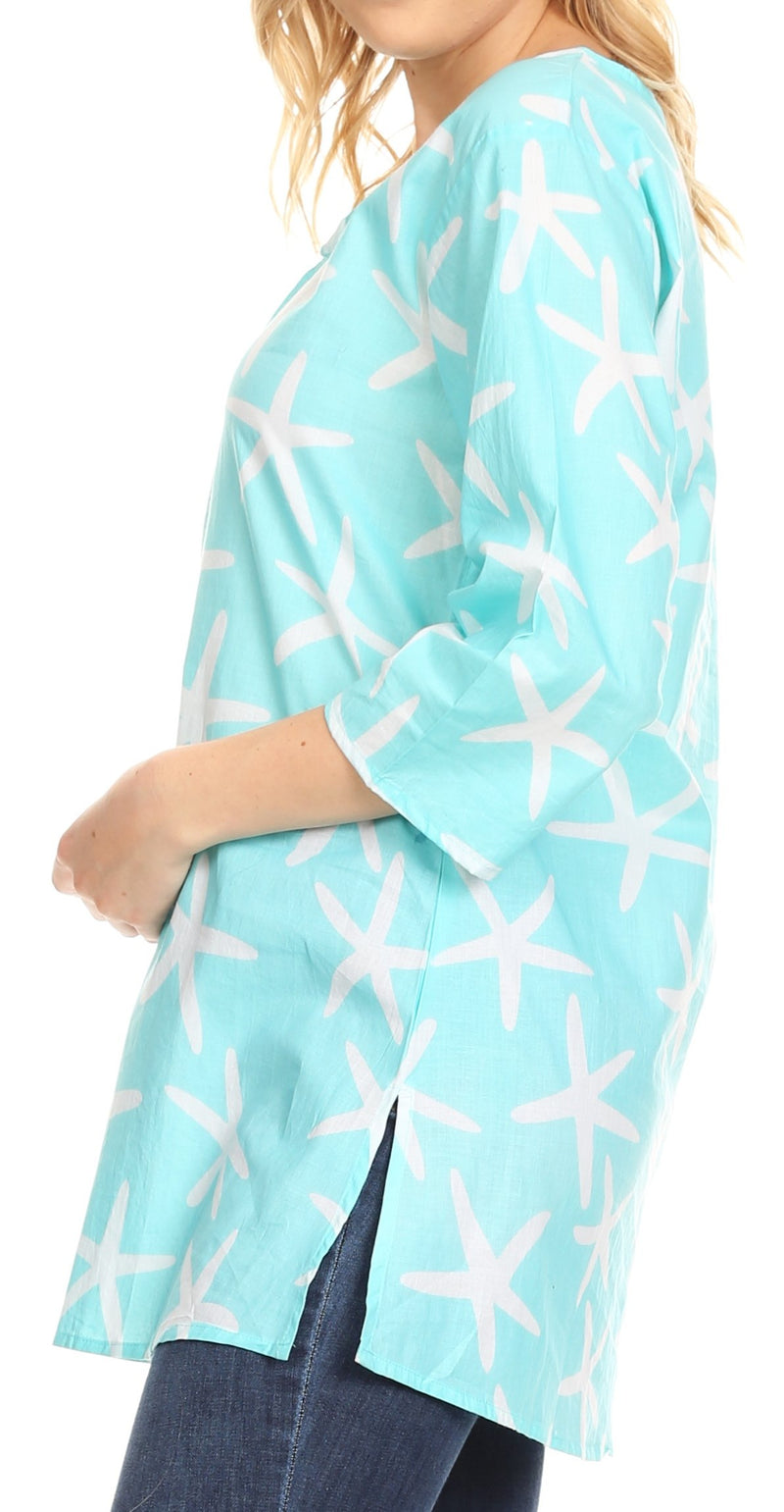 Sakkas Nila Women's Casual Summer Light 3/4 Sleeve Printed Tunic Top Cover-up