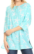 Sakkas Nila Women's Casual Summer Light 3/4 Sleeve Printed Tunic Top Cover-up #color_Turquoise
