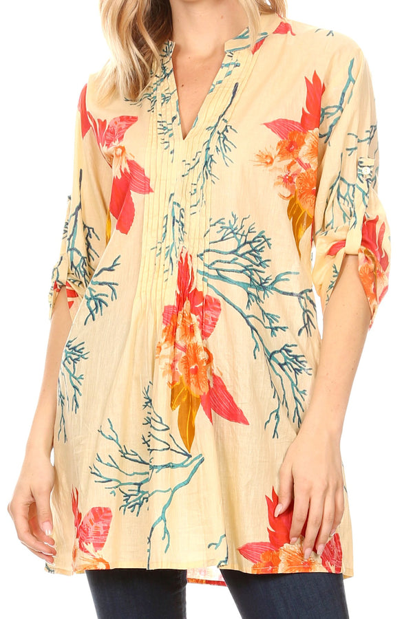 Sakkas Ona Women's Casual Summer Cotton 3/4 Sleeve Print Loose Tunic Top Blouse#color_19915-FloralMulti