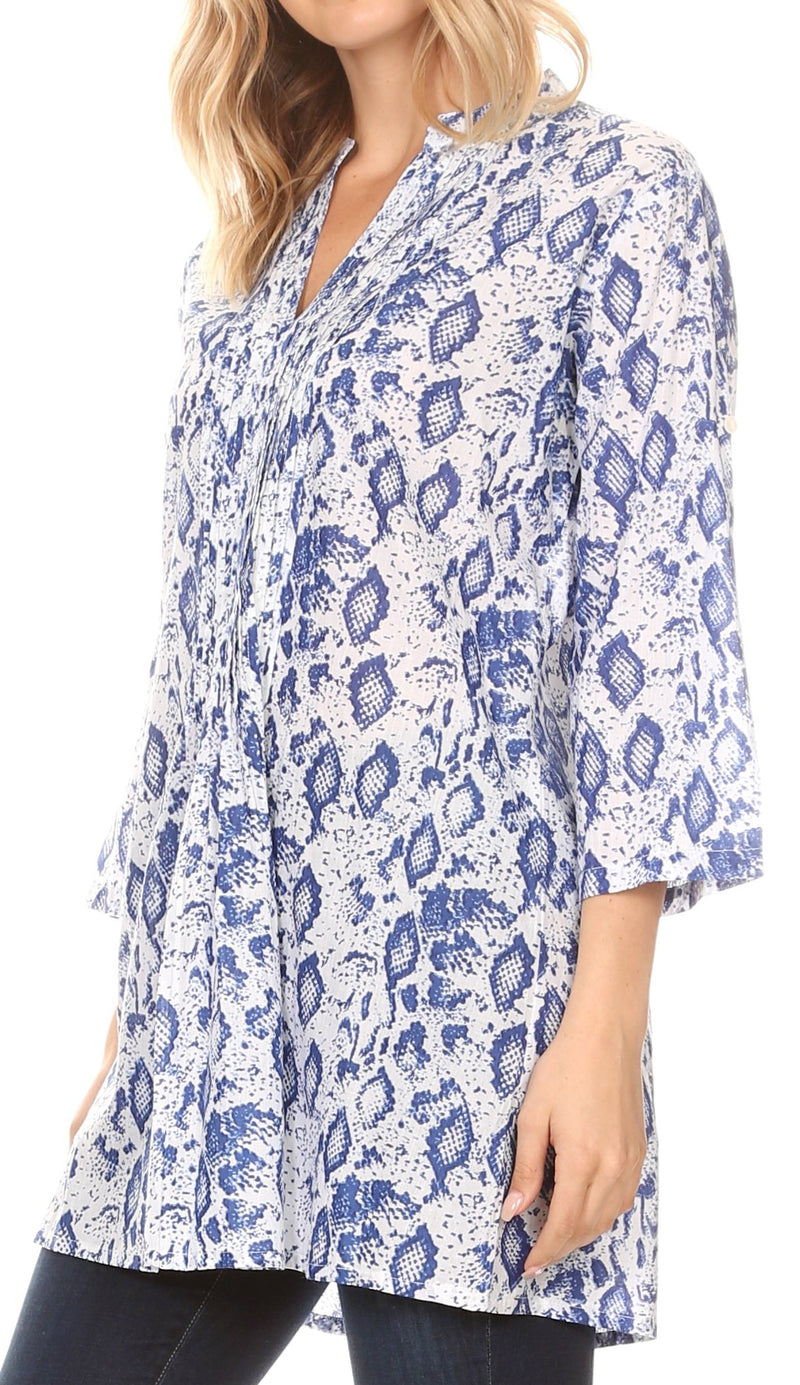 Sakkas Ona Women's Casual Summer Cotton 3/4 Sleeve Print Loose Tunic Top Blouse