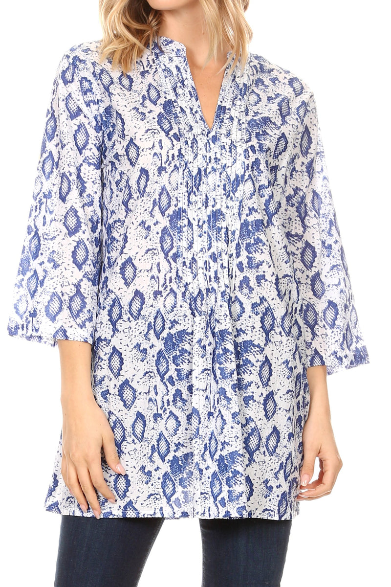 Sakkas Ona Women's Casual Summer Cotton 3/4 Sleeve Print Loose Tunic Top Blouse