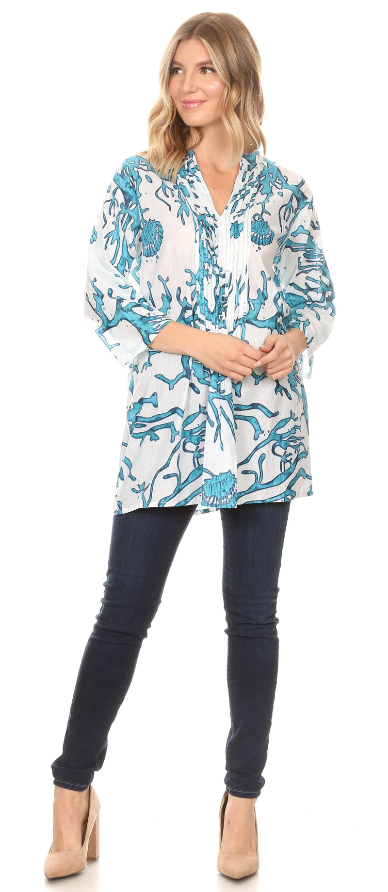 Sakkas Ona Women's Casual Summer Cotton 3/4 Sleeve Print Loose Tunic Top Blouse