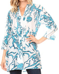 Sakkas Ona Women's Casual Summer Cotton 3/4 Sleeve Print Loose Tunic Top Blouse#color_Teal