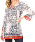 Sakkas Sasa Women's Casual Summer Cotton 3/4 Sleeve Print Loose Tunic Top Blouse#color_19918-NavyWhite