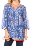 Sakkas Sasa Women's Casual Summer Cotton 3/4 Sleeve Print Loose Tunic Top Blouse#color_19919-AztecBlue