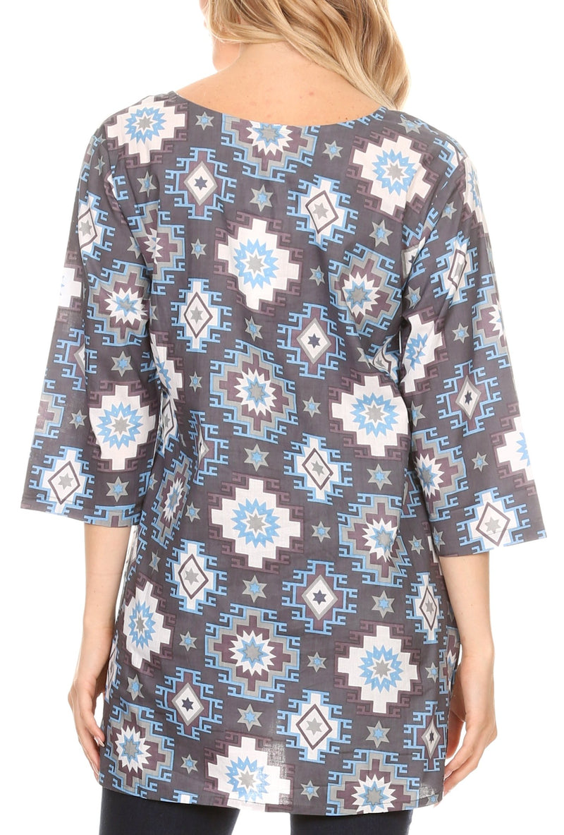 Sakkas Sasa Women's Casual Summer Cotton 3/4 Sleeve Print Loose Tunic Top Blouse