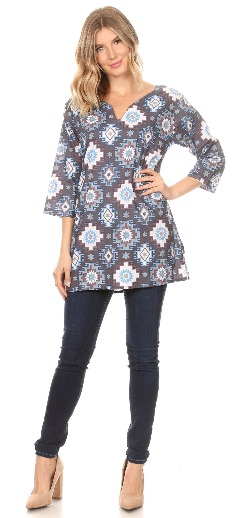 Sakkas Sasa Women's Casual Summer Cotton 3/4 Sleeve Print Loose Tunic Top Blouse