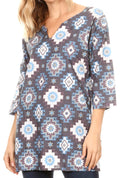 Sakkas Sasa Women's Casual Summer Cotton 3/4 Sleeve Print Loose Tunic Top Blouse#color_19921-AztecBlue