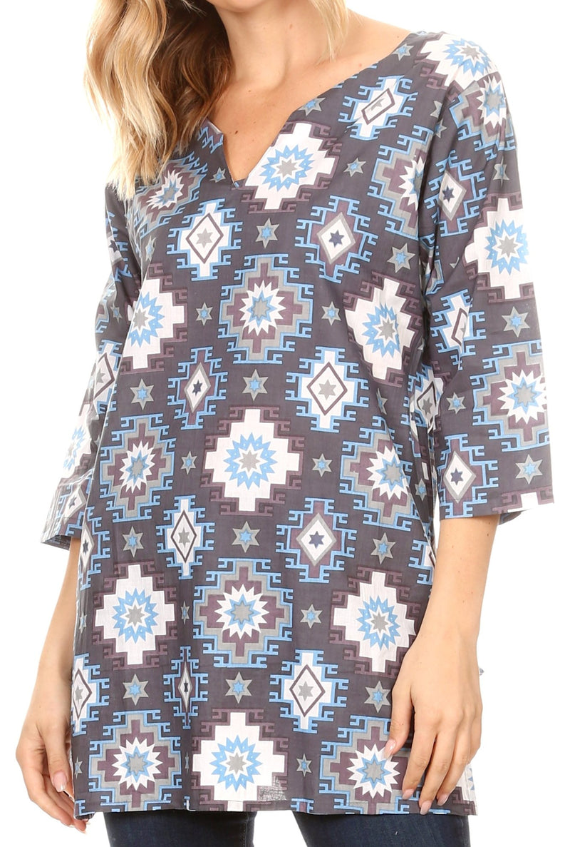 Sakkas Sasa Women's Casual Summer Cotton 3/4 Sleeve Print Loose Tunic Top Blouse