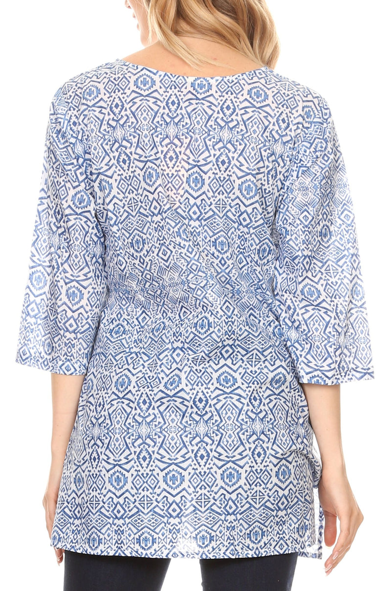 Sakkas Sasa Women's Casual Summer Cotton 3/4 Sleeve Print Loose Tunic Top Blouse