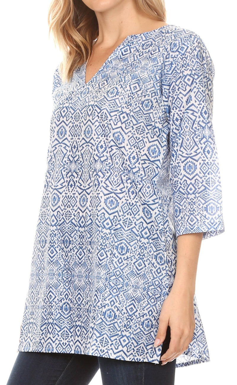 Sakkas Sasa Women's Casual Summer Cotton 3/4 Sleeve Print Loose Tunic Top Blouse