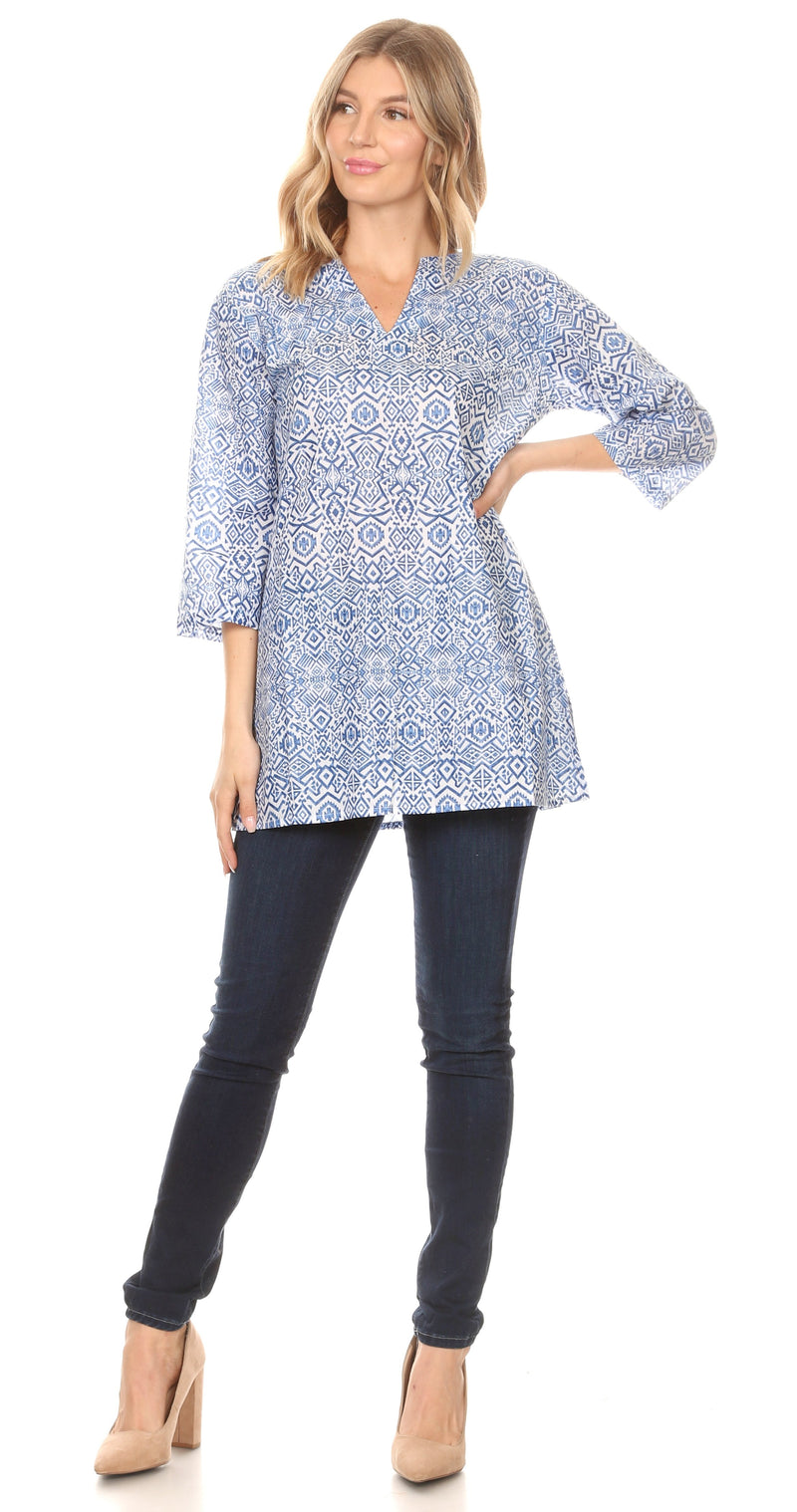 Sakkas Sasa Women's Casual Summer Cotton 3/4 Sleeve Print Loose Tunic Top Blouse