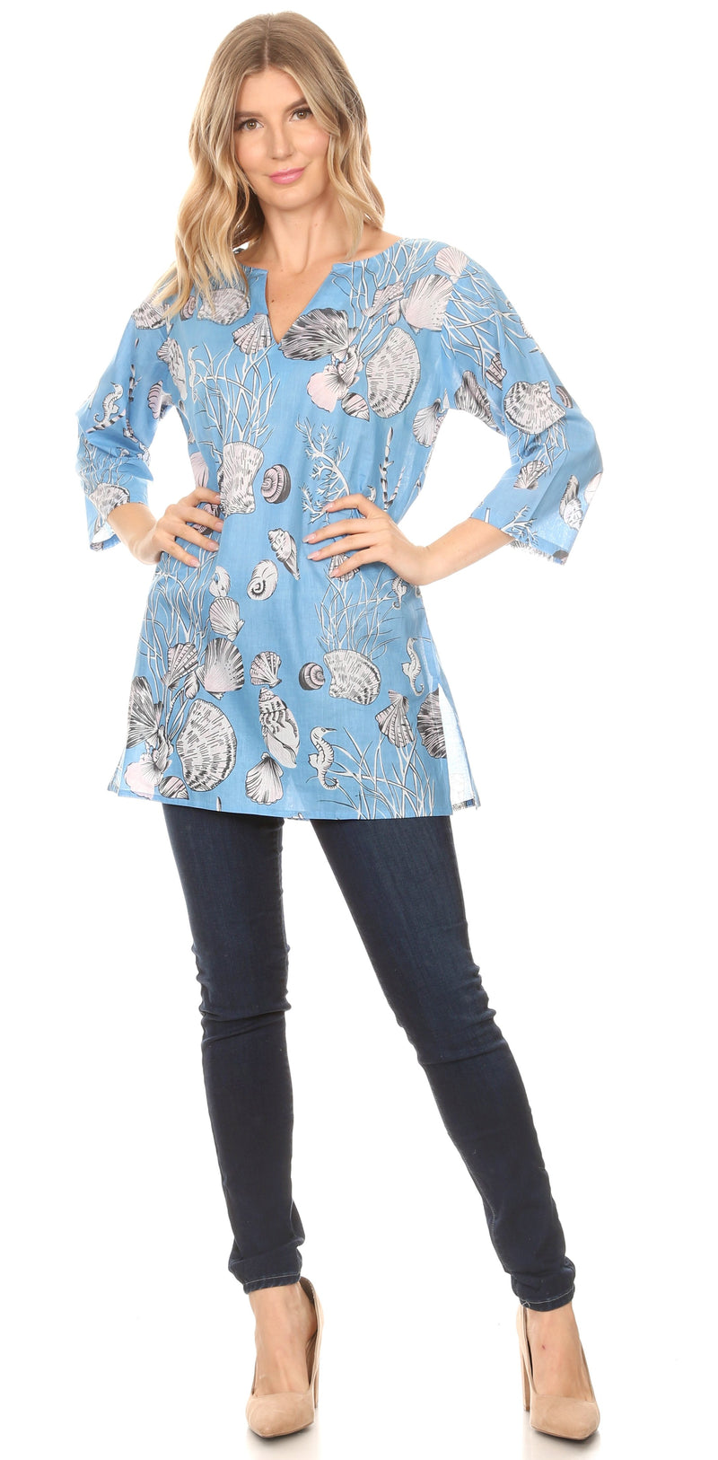 Sakkas Sasa Women's Casual Summer Cotton 3/4 Sleeve Print Loose Tunic Top Blouse