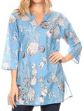 Sakkas Sasa Women's Casual Summer Cotton 3/4 Sleeve Print Loose Tunic Top Blouse#color_LightBlue