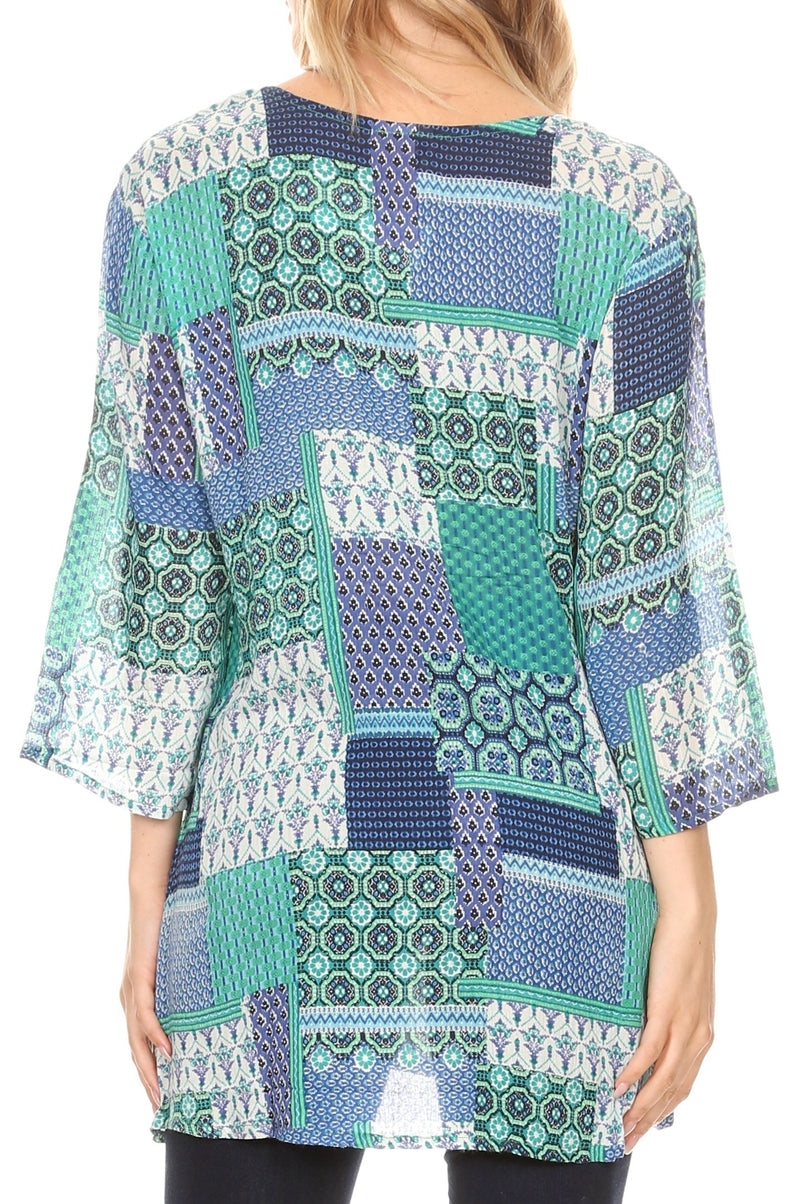 Sakkas Matia Women's Casual Summer Cotton Long Sleeve Print Loose Tunic Top Blouse