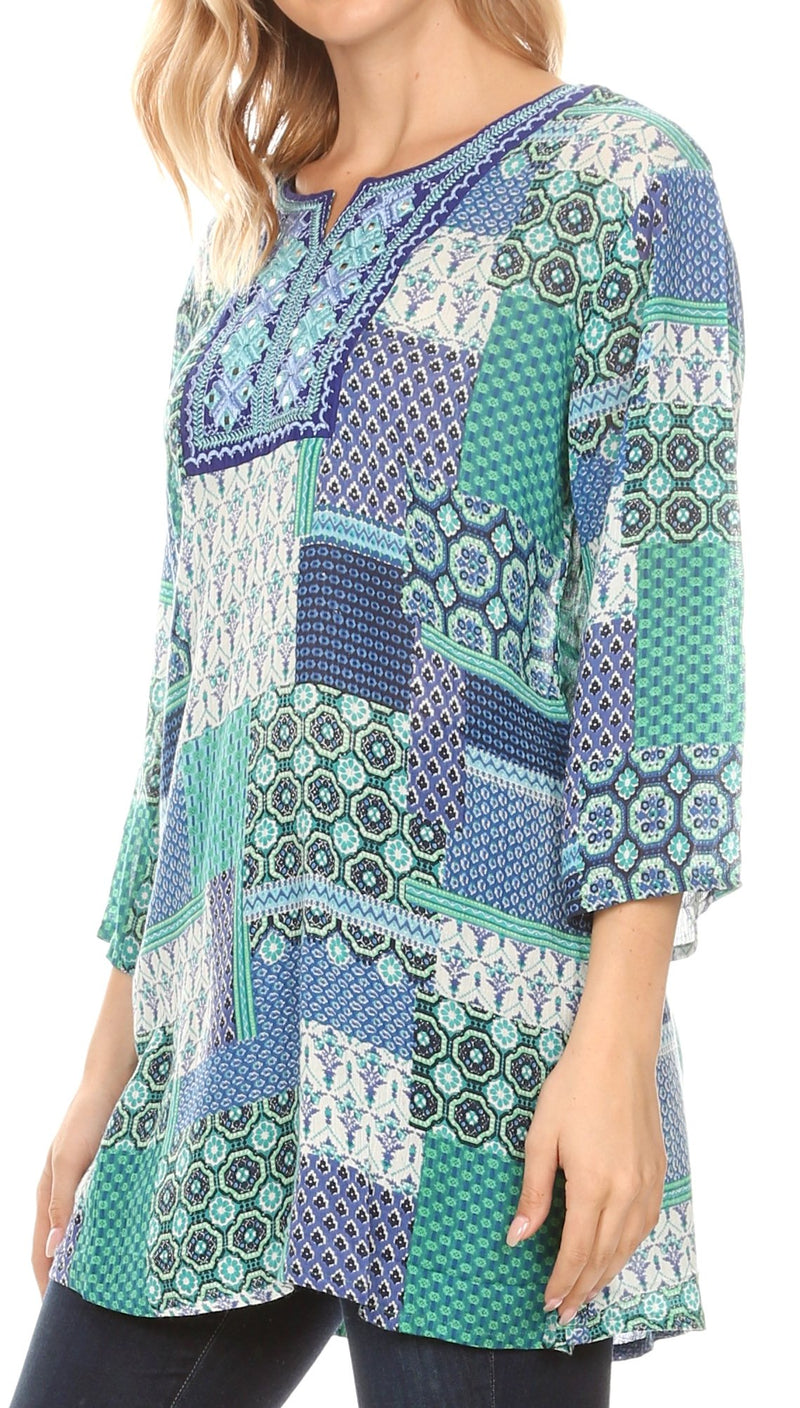 Sakkas Matia Women's Casual Summer Cotton Long Sleeve Print Loose Tunic Top Blouse