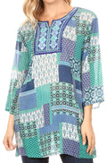 Sakkas Matia Women's Casual Summer Cotton Long Sleeve Print Loose Tunic Top Blouse#color_19923-Blue