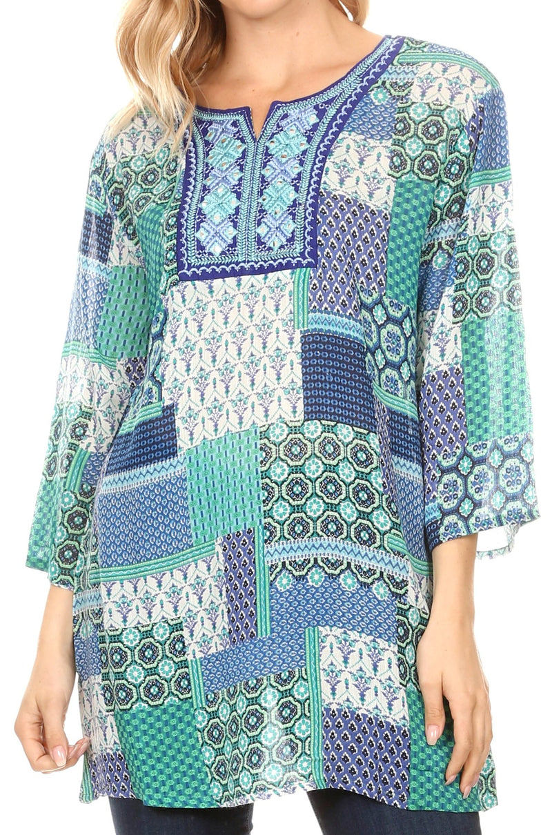 Sakkas Matia Women's Casual Summer Cotton Long Sleeve Print Loose Tunic Top Blouse