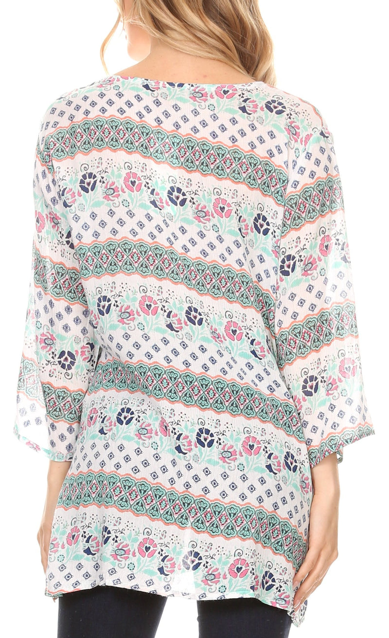 Sakkas Matia Women's Casual Summer Cotton Long Sleeve Print Loose Tunic Top Blouse