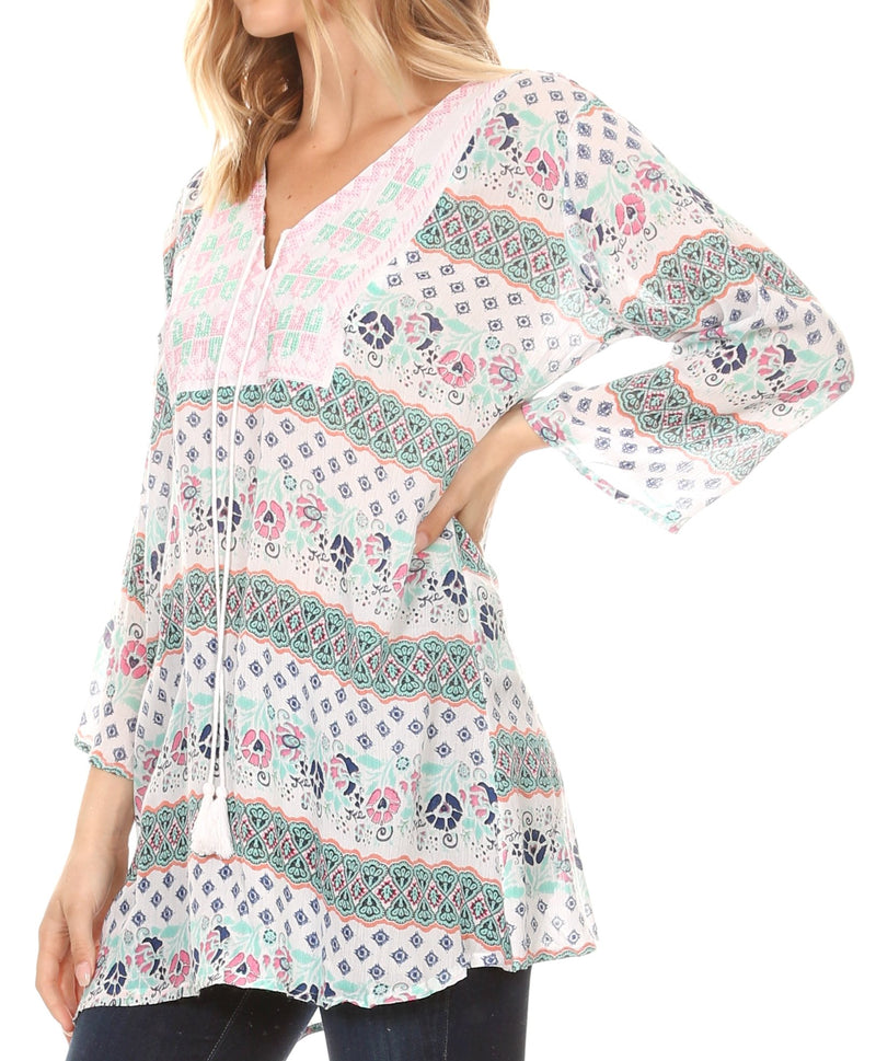 Sakkas Matia Women's Casual Summer Cotton Long Sleeve Print Loose Tunic Top Blouse