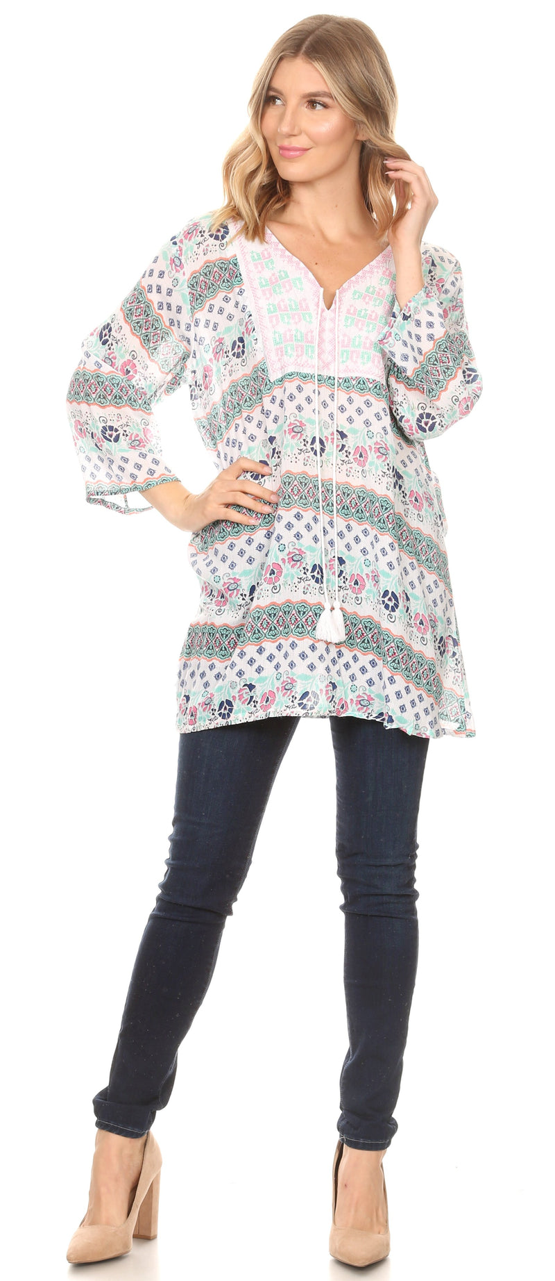 Sakkas Matia Women's Casual Summer Cotton Long Sleeve Print Loose Tunic Top Blouse