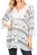 Sakkas Matia Women's Casual Summer Cotton Long Sleeve Print Loose Tunic Top Blouse#color_19924-Pink