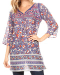 Sakkas Matia Women's Casual Summer Cotton Long Sleeve Print Loose Tunic Top Blouse#color_Blue