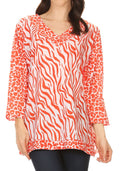 Sakkas Lucie Long Sleeve Printed V-neck Blouse Top Tunic#color_White-Orange