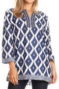 Sakkas Ida Fresh Casual Rayon Paisley Tunic Blouse Top with 3/4 Sleeve#color_Blue 