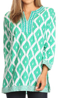 Sakkas Ida Fresh Casual Rayon Paisley Tunic Blouse Top with 3/4 Sleeve#color_Green 