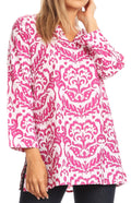 Sakkas Flavia Light Casual Ikat Design Rayon Tunic Blouse 3/4 Sleeve#color_Fuchsia/White