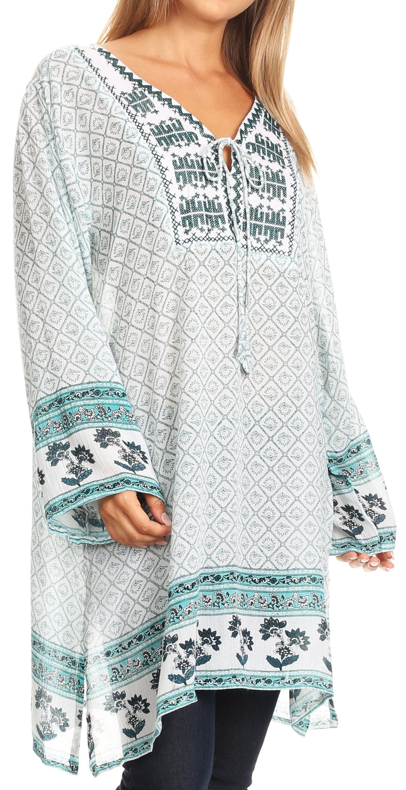Sakkas Dalila Soft Crinckle Damask Printed Rayon Tunic Blouse with Embroidery