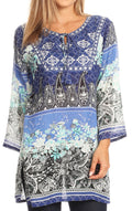 Sakkas Caterina Boho Lightweight Casual Embroidered Floral Tunic  / Blouse Top#color_Blue/Teal