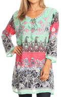 Sakkas Caterina Boho Lightweight Casual Embroidered Floral Tunic  / Blouse Top#color_Mint/Pink