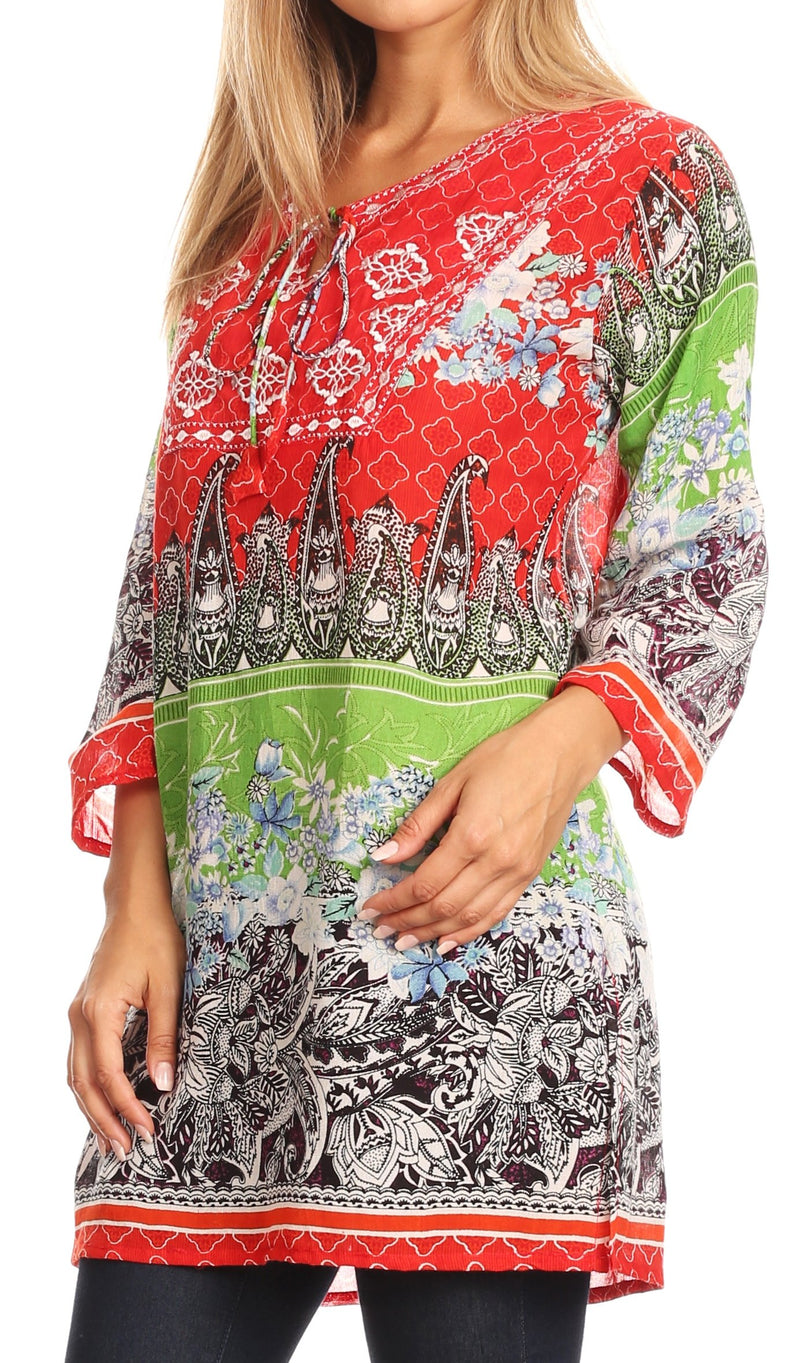 Sakkas Caterina Boho Lightweight Casual Embroidered Floral Tunic  / Blouse Top