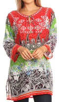 Sakkas Caterina Boho Lightweight Casual Embroidered Floral Tunic  / Blouse Top#color_Red/Green