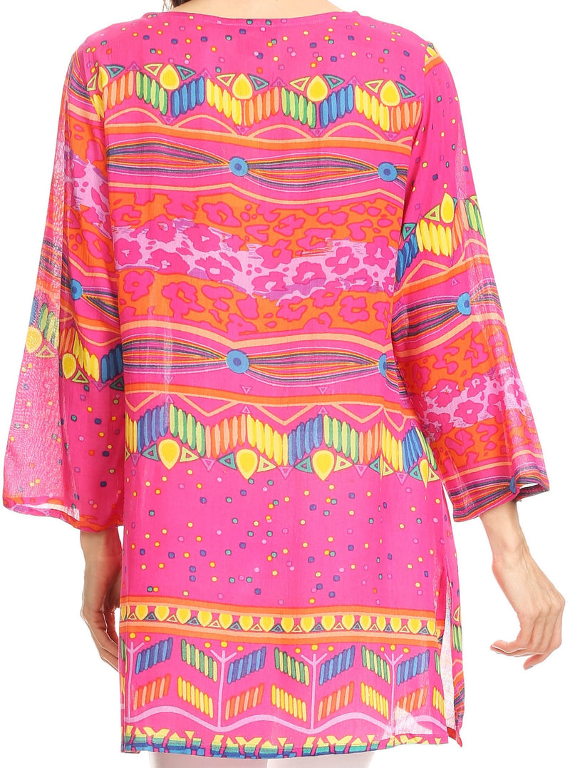 Sakkas Carina Tie Front 3/4 Sleeve Tunic with Cross Stitch Embroidery