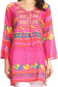 Sakkas Carina Tie Front 3/4 Sleeve Tunic with Cross Stitch Embroidery#color_Pink 