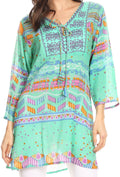 Sakkas Carina Tie Front 3/4 Sleeve Tunic with Cross Stitch Embroidery#color_Sea Green 