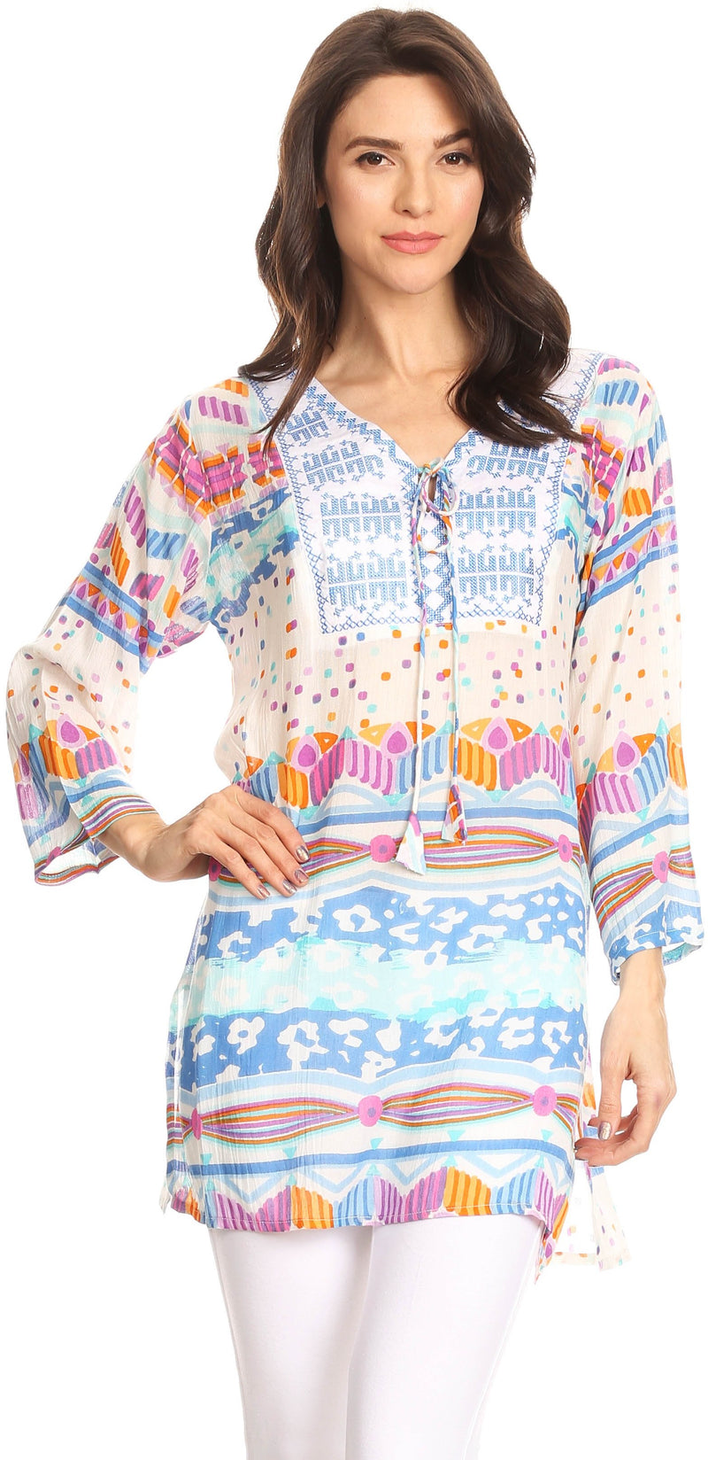 Sakkas Carina Tie Front 3/4 Sleeve Tunic with Cross Stitch Embroidery