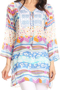 Sakkas Carina Tie Front 3/4 Sleeve Tunic with Cross Stitch Embroidery#color_White