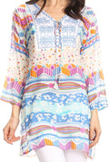 Sakkas Carina Tie Front 3/4 Sleeve Tunic with Cross Stitch Embroidery#color_White 