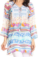 Sakkas Carina Tie Front 3/4 Sleeve Tunic with Cross Stitch Embroidery
